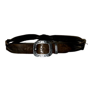 CORONE Women's Size L Olive Green Brown Leather Woven Detail Belt Made in ITALY